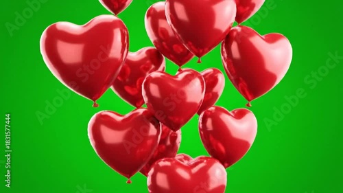Floating Red Heart Balloons On Green Screen Background Symbolizing Love Romance Celebration Festive Party And Valentine Concept