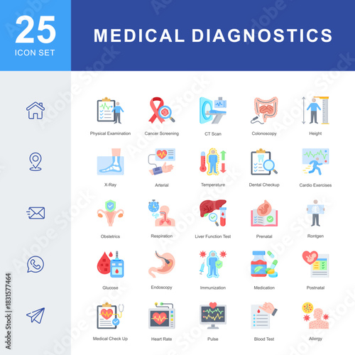 A medical diagnostics icon set featuring physical exams, cancer screening, CT scans, blood tests, x-ray imaging, immunization, endoscopy, prenatal care, and clinical evaluation procedures.