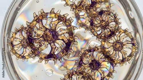 Microscopic view of intricate marine plankton or diatoms with glass like silica shells suitable for oceanography science education or microbiological art.