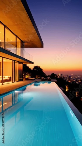 Modern luxury home with pool at sunset