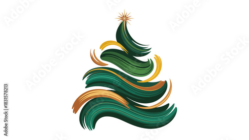 Stylized Christmas Tree Illustration: A festive illustration of a Christmas tree is adorned with flowing green and gold brushstrokes, celebrating the spirit of the season