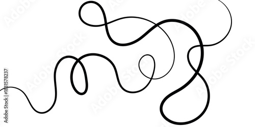 A black wavy line on a white background, forming intricate curls and loops, creating an abstract and dynamic graphic element.