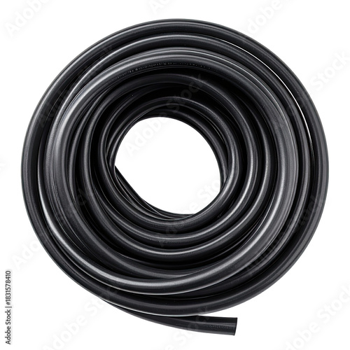 Coiled black tubing. Circular and shiny on black background. Overhead view