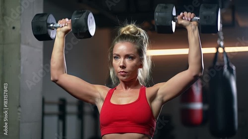 Strong blonde woman performing a shoulder press exercise with heavy dumbbells. Intense workout for building muscle and strength in a fitness club