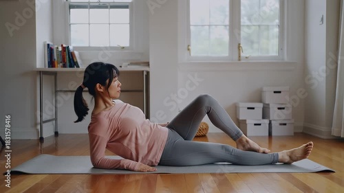Focused middle-aged woman in comfortable sportswear stretching her legs on a yoga mat. Healthy lifestyle, home workout, and fitness