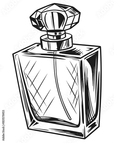 Elegant perfume bottle illustration in black and white