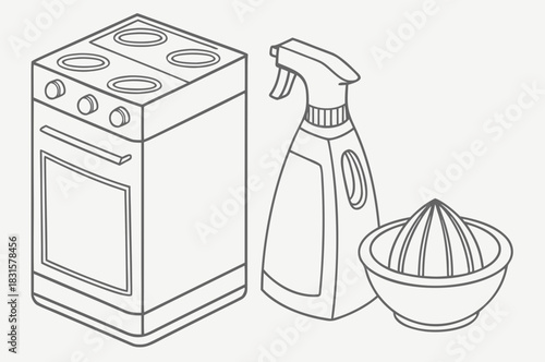 Oven, cleaning spray, and lemon squeezer, simple outlined objects