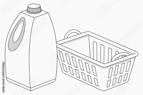 Laundry supplies: Detergent bottle and laundry basket illustration