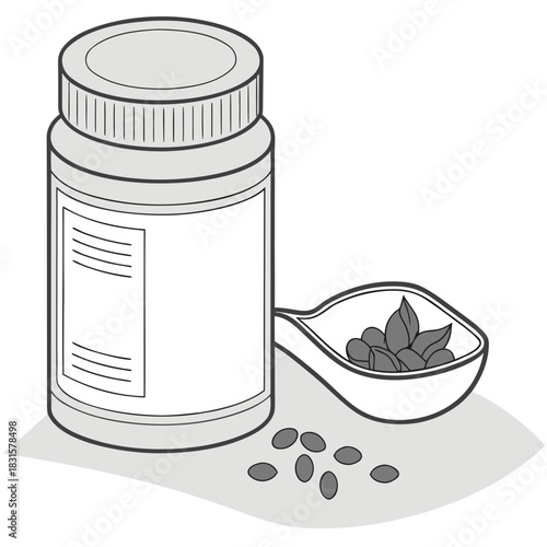 Medicine capsules and bottle illustration 