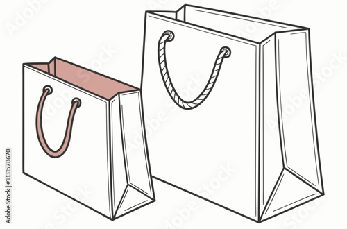 Simple paper shopping bags, design outline, isolated