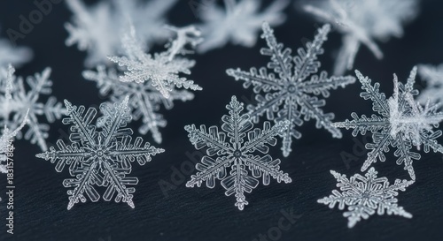 Stunning macro shot of delicate snowflakes glistening on a dark surface, perfect for winter holiday designs and festive seasonal promotions