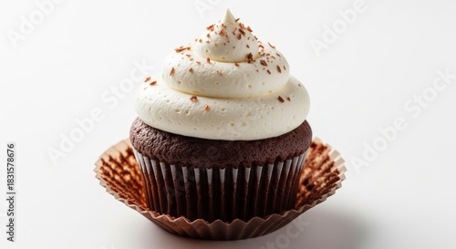 Indulge in a delectable chocolate cupcake topped with creamy vanilla frosting and chocolate shavings, perfect for birthdays or sweet celebrations