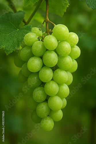 Fresh Green Grape Cluster on Vine in Natural Sunlight