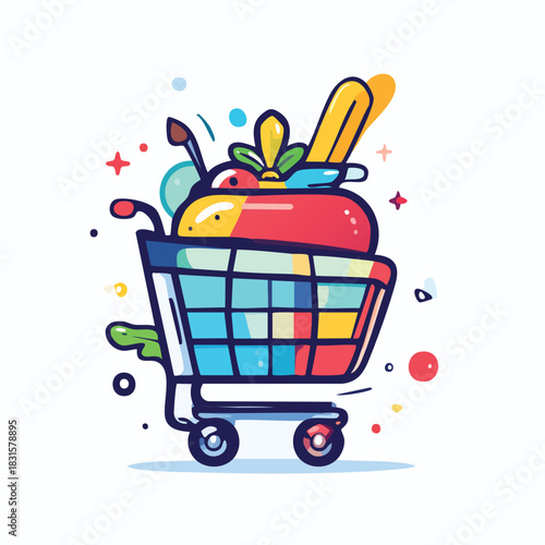 Vibrant artistic shopping cart full of colorful items illustration.