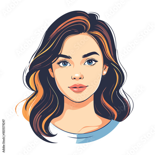 Beautiful woman with wavy hair and blue eyes portrait illustration.