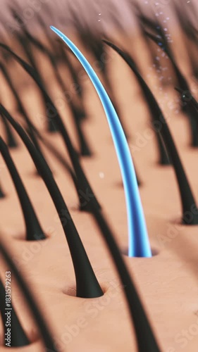 3D animation of hair growth serum. Oil drop nourishes root, repairing damaged hair and promoting healthy, strong strands. Perfect for shampoo or beauty ads.