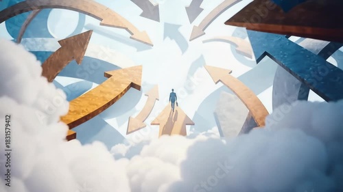 Lone figure walks on golden arrow road through surreal maze of twisting paths choosing new direction and symbolizing decision making opportunity and strategic life choices