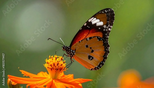Close-up of a vibrant orange butterfly with patterned wings perched atop a bright orange flower, a soft green background