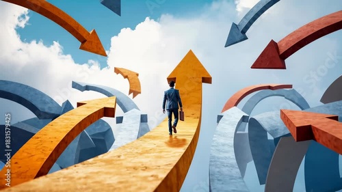 Businessman walks confidently along elevated golden path toward bright sky while surrounding arrows point different ways representing clarity courage and focused strategy amid confusion