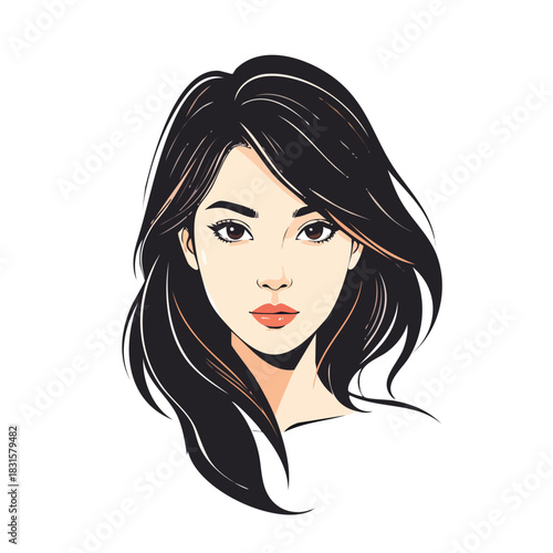 Beautiful Asian Woman Portrait with Flowing Black Hair.