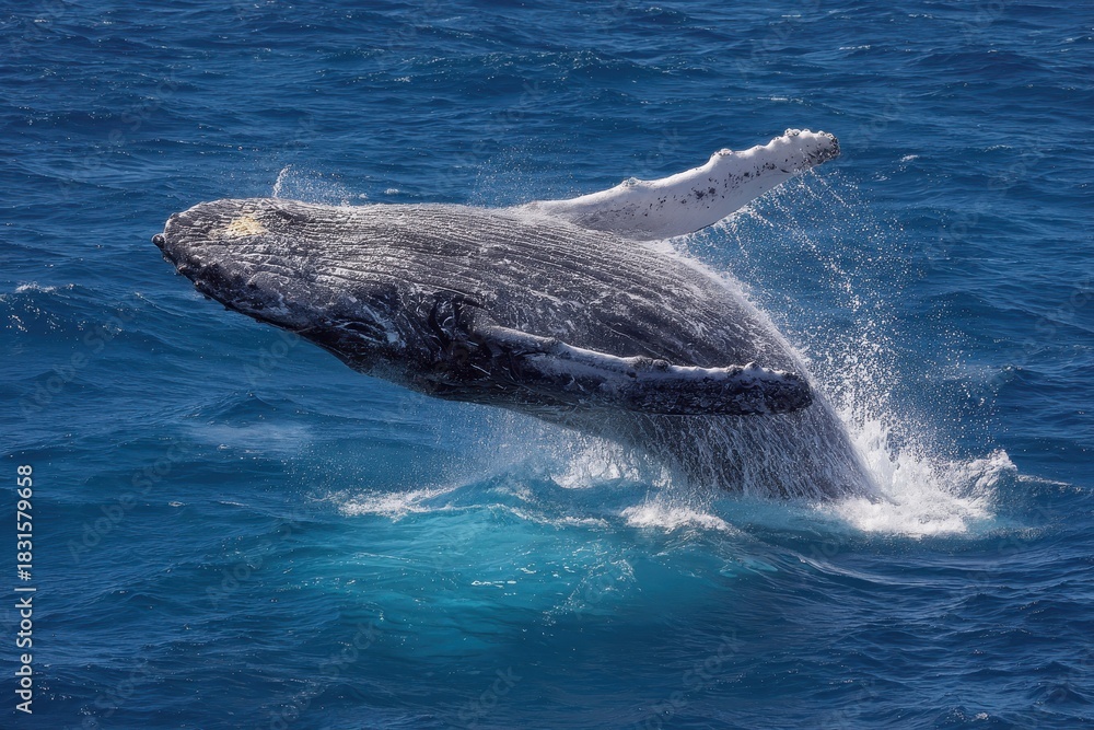 Obraz premium Humpback whale breaching in the clear waters of Australia showcasing its powerful leap and magnificent presence against the blue ocean backdrop