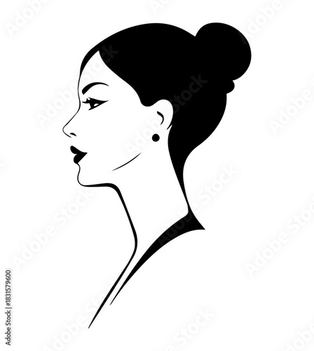 simple black and white silhouette of a woman with a earring and hair rounded on the top side of the head on white background