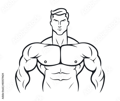 illustration of muscle man, illustration of a big muscle man with angry face, simple black and white silhouette of a body builder body shape with angry face