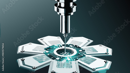 Precision drilling machine working on a circular circuit board surrounded by memory cards in a dark room
