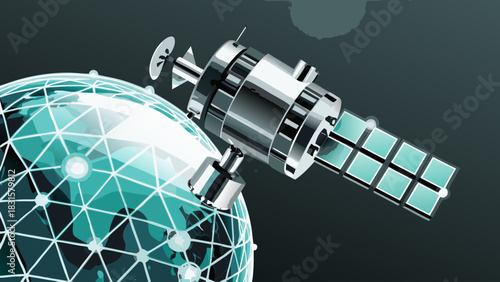 Illustration of a satellite orbiting a stylized earth with a network of connections in a dark setting