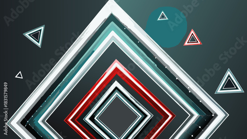 Abstract geometric composition featuring concentric squares and floating triangles on dark background