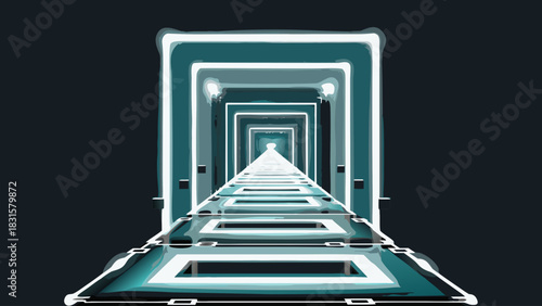 Perspective view of a futuristic corridor with glowing teal frames receding into the vanishing point