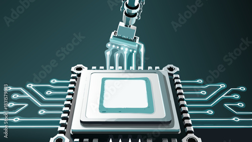 Illustration of a robotic arm placing a microchip onto a circuit board with glowing blue connections