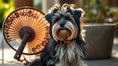A Tibetan terrier sits calmly near a traditional hand fan, bathed in soft natural light.