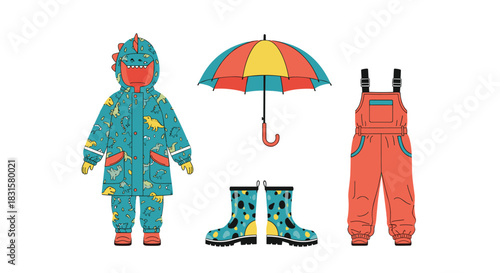 Essential and playful children's rain gear: a dinosaur rain suit, wellies, colorful umbrella, and durable overalls for wet weather fun.