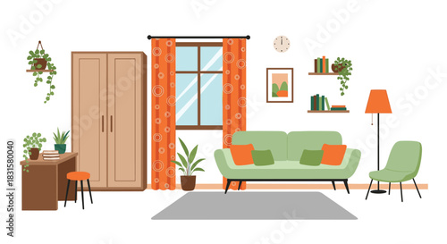 A cozy and modern living space decorated with plants, colorful furniture, and warm orange accents, creating a comfortable home interior.