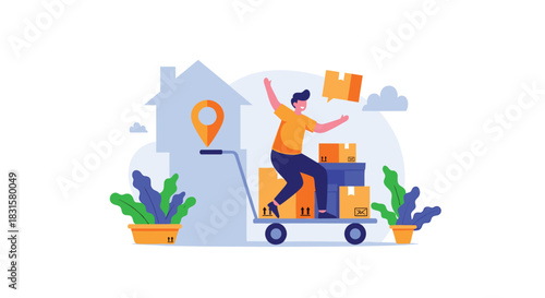 An energetic man navigates a dolly full of packages towards a house with a location marker, illustrating home delivery and moving services.