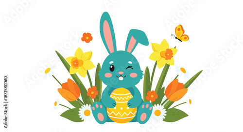 Adorable blue Easter bunny winking and holding a patterned egg, nestled among daffodils, tulips, and daisies, with a butterfly overhead.
