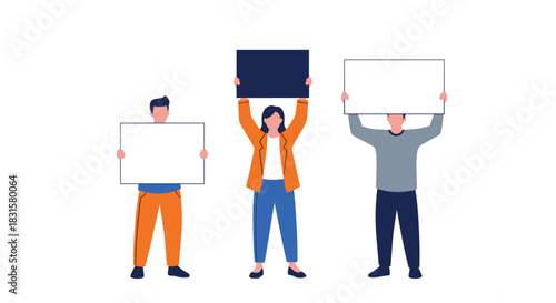 Three diverse people are holding up blank signs, two white and one dark blue, for display or protest on a white background.