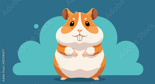Adorable cartoon hamster with orange and white fur, cute buck teeth and prominent cheeks, standing happily against a blue background with stylized clouds.
