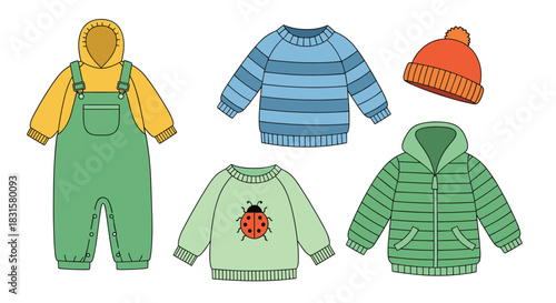 A collection of colorful and warm clothing for infants and toddlers, featuring a hooded overall, two sweaters, a puffer jacket, and a knit beanie.