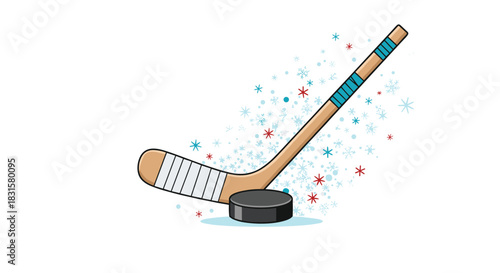 Cartoon hockey stick and puck with colorful snowflakes on a white background, representing winter sports and ice hockey.