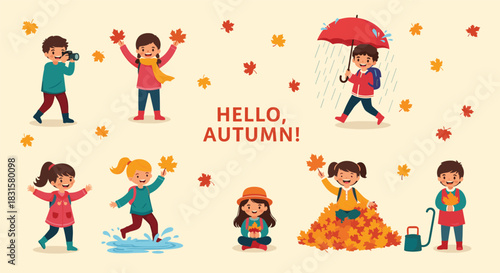 Happy children engage in various outdoor activities like playing with colorful autumn leaves, jumping in puddles, and enjoying the fall season.