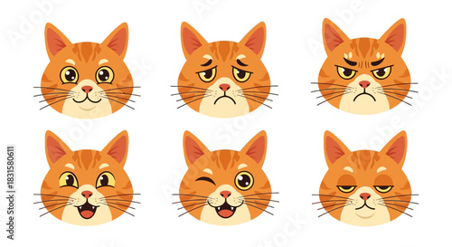 Cartoon cat emotions set, various ginger feline facial expressions