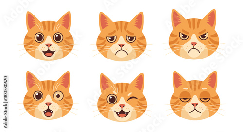 Six cartoon orange tabby cat facial expressions emotion icon set