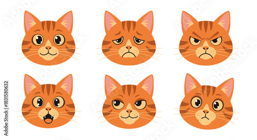 Orange cat faces showing various emotions, vector illustration