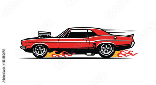 Red classic american muscle car with fiery speed lines vector