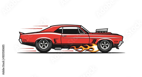 Vintage red muscle car with flames and speed lines, vector design