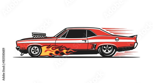 Red hot rod muscle car illustration with flames and speed effect