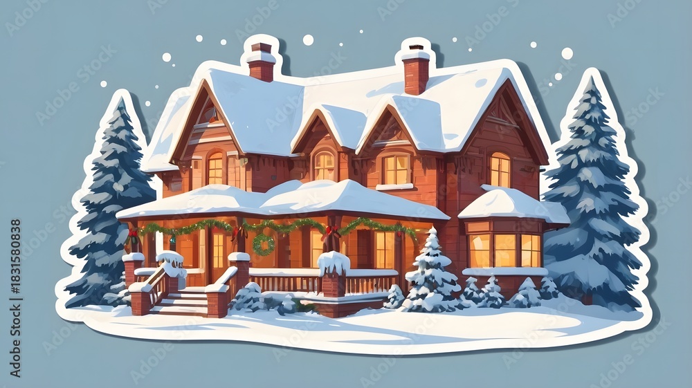 Fototapeta premium Snow-Covered Festive House at Night with Pine Trees