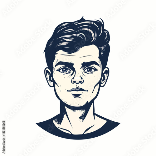 Handsome young man with stylish haircut and intense gaze looking forward.